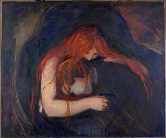 Vampire by Edvard Munch, 1895: a woman embracing a man, her red hair flowing over him
