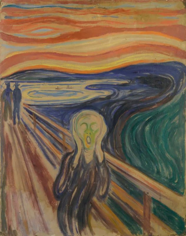 The Scream by Edvard Munch, 1910: a figure with an agonized expression against a tumultuous orange sky